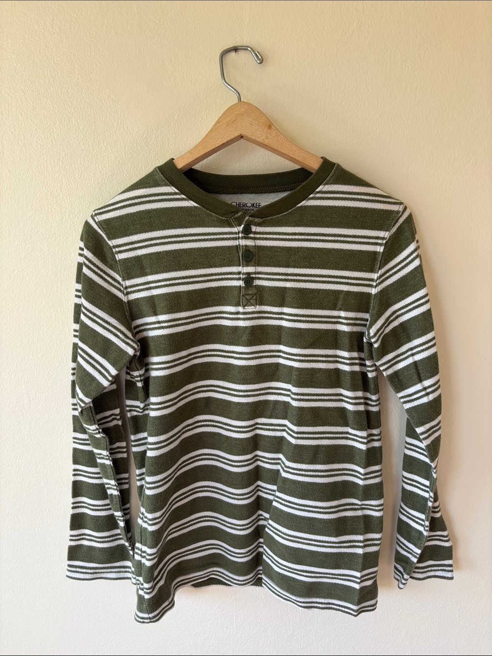 Cherokee Olive and White Striped Long-Sleeve Henley